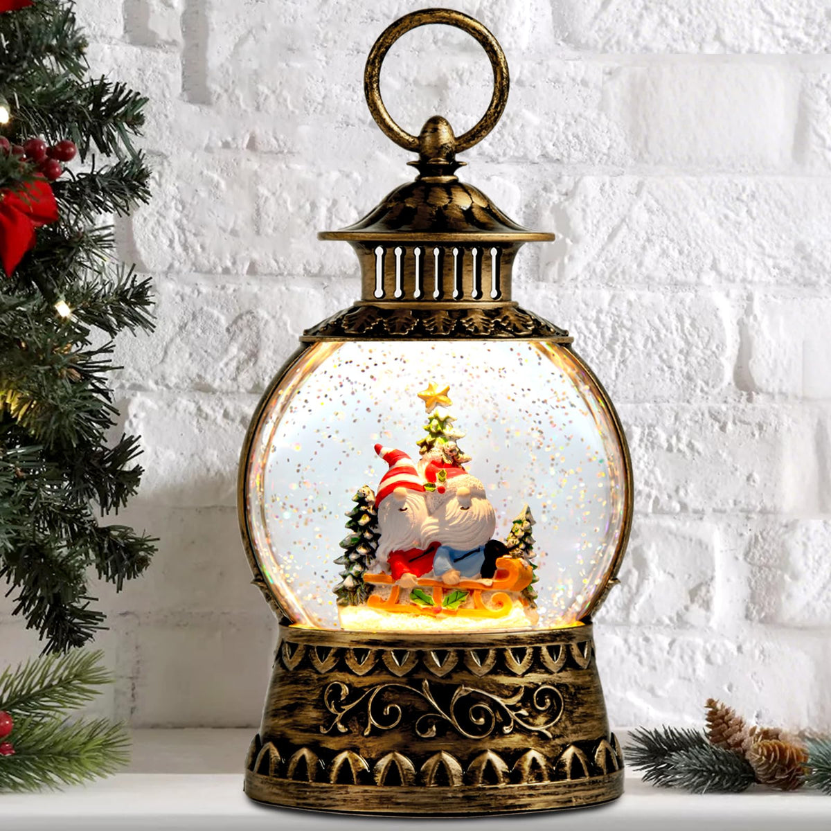 Aixuler gnome globe front view showing vintage lantern and warm glow benefit