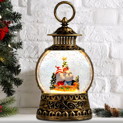 Aixuler gnome globe front view showing vintage lantern and warm glow benefit