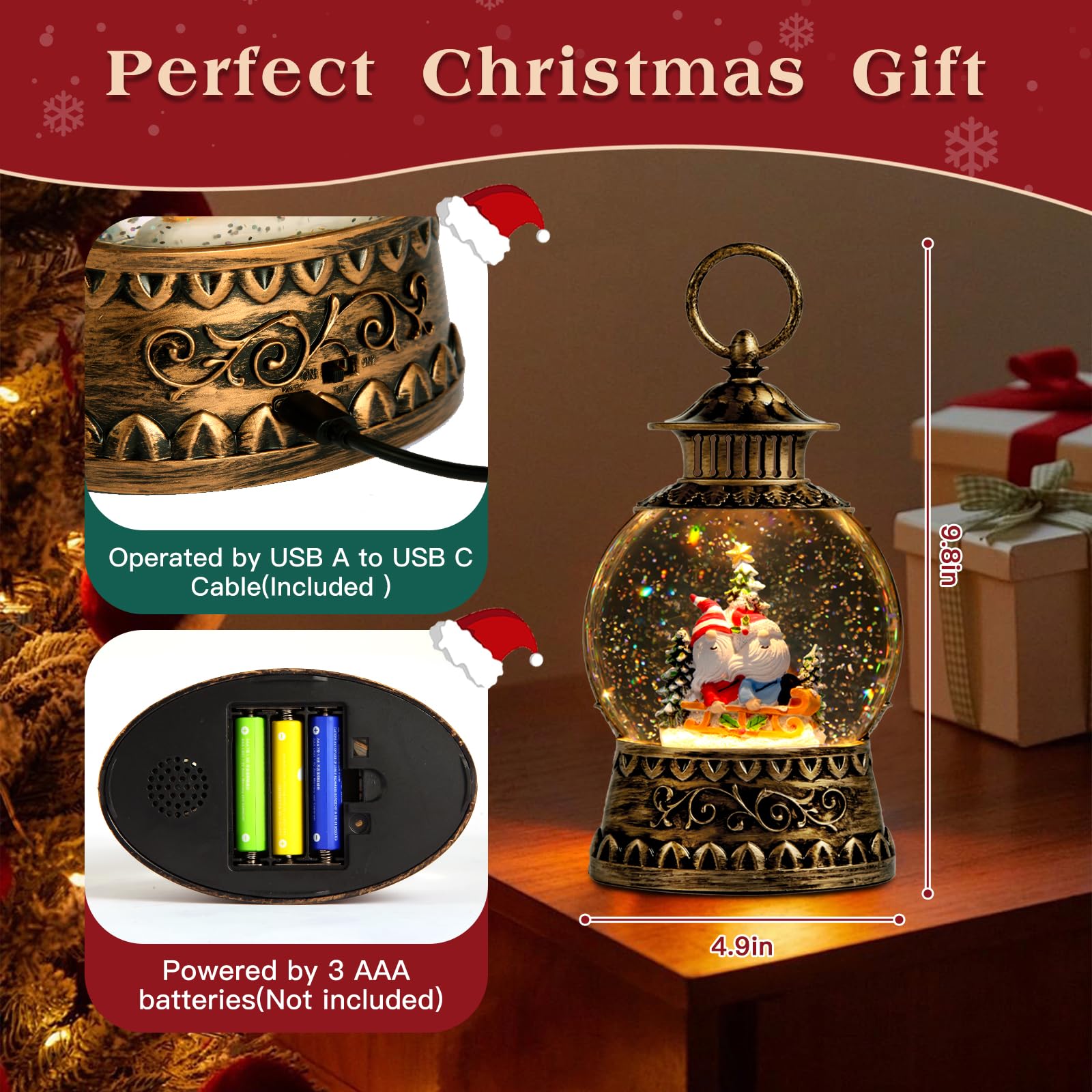 Aixuler globe mid-fall glitter motion illustrating continuous snowfall effect