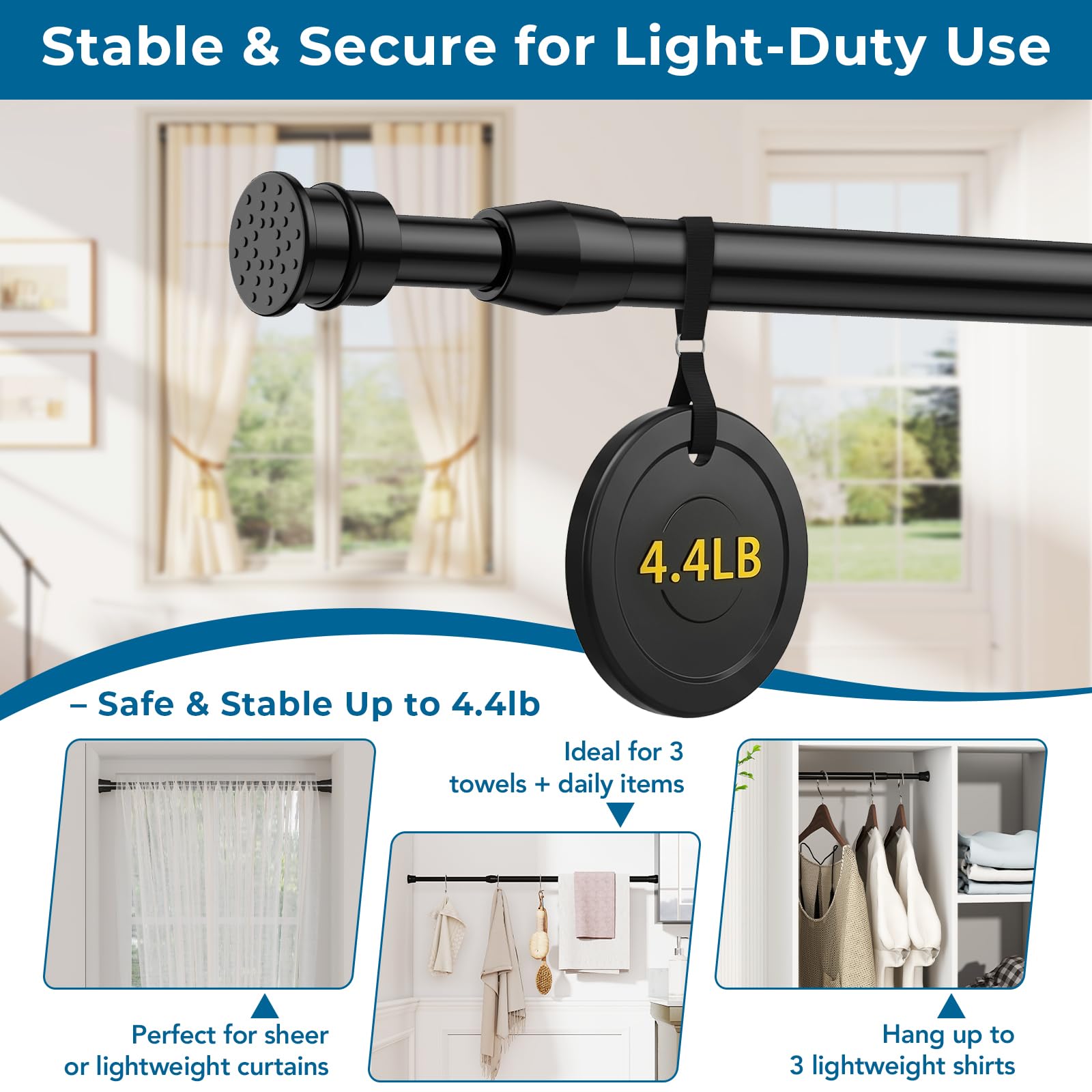 AIZESI rod supporting a light curtain in use, showing steady hold and no hardware