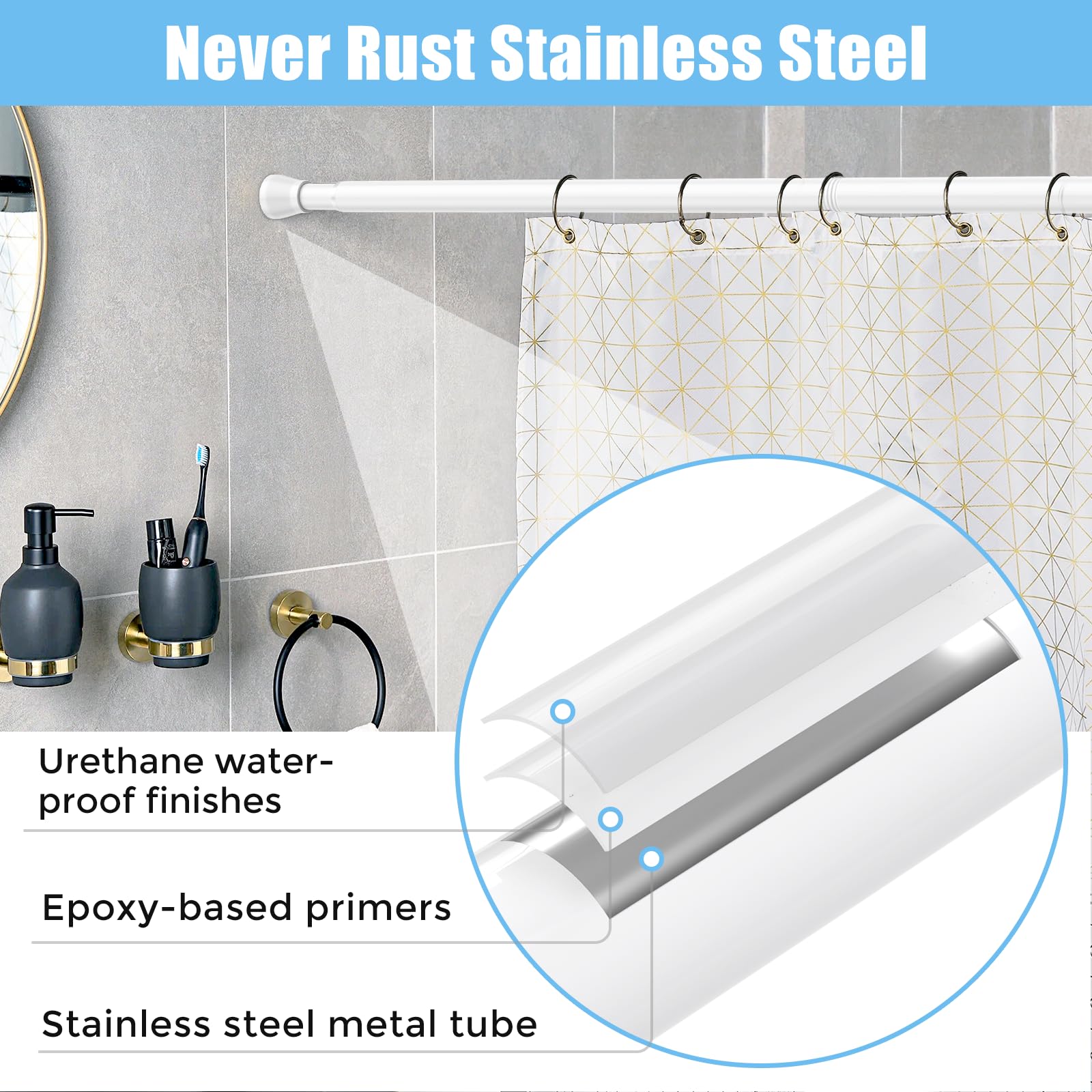 AIZESI rod mounted in shower demonstrating no-drill installation and quick setup benefit