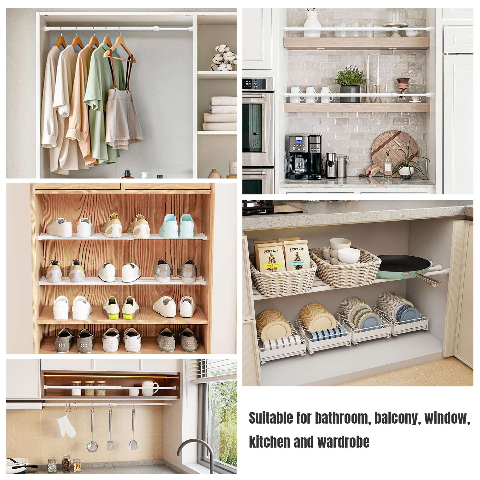 AIZESI tension rod used inside a wardrobe holding lightweight clothing and organizing space