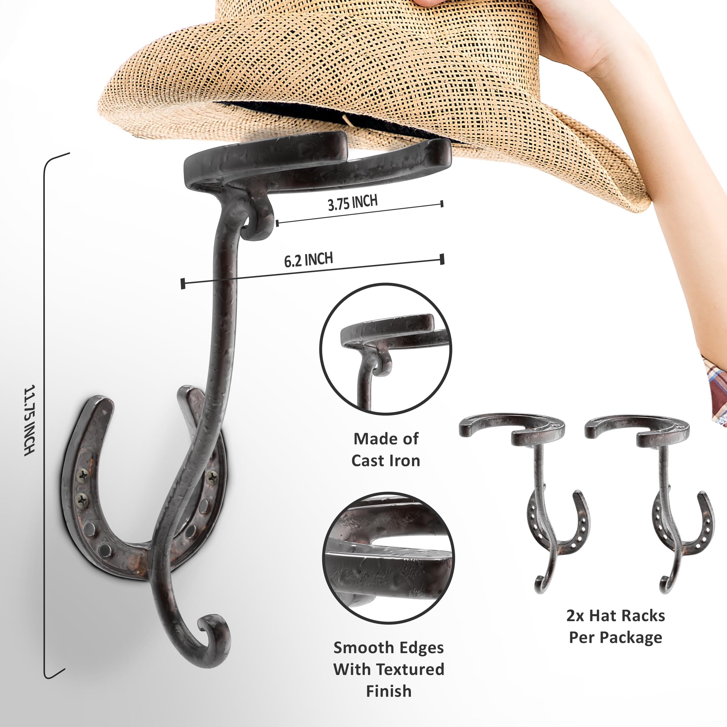 A.J. Boone closeup of curved iron and horseshoe detail protecting hats