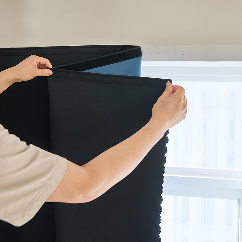 AJAZZ front view of black 47x96 self adhesive blackout curtain showing full coverage and privacy
