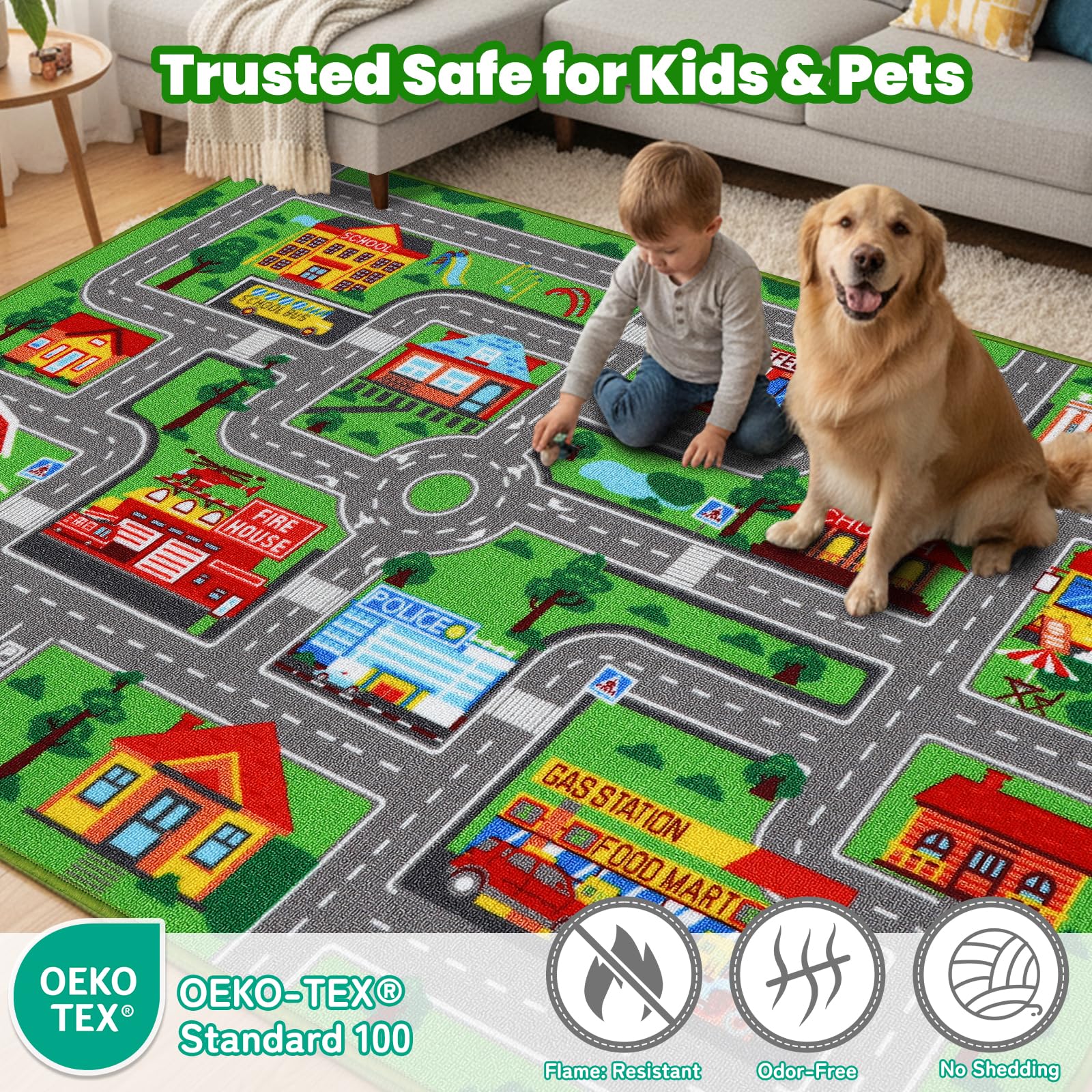 AKASISRUG close-up of nylon pile texture, durable surface for toy cars