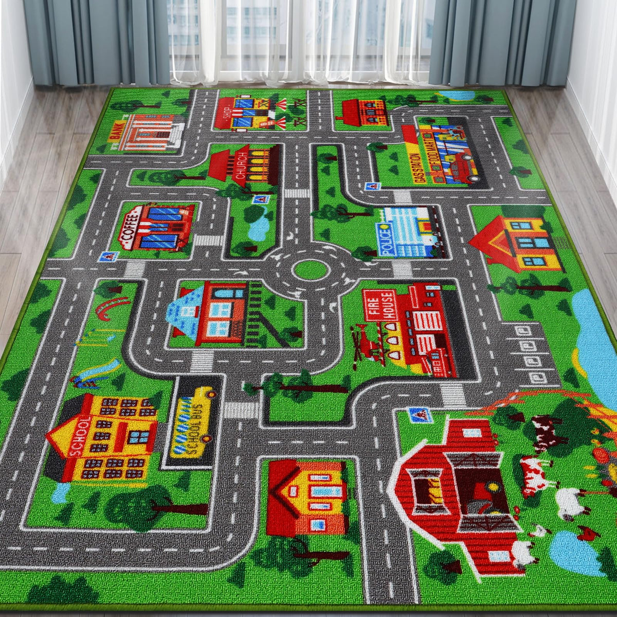 AKASISRUG front view showing full city map and road layout, encourages imaginative play