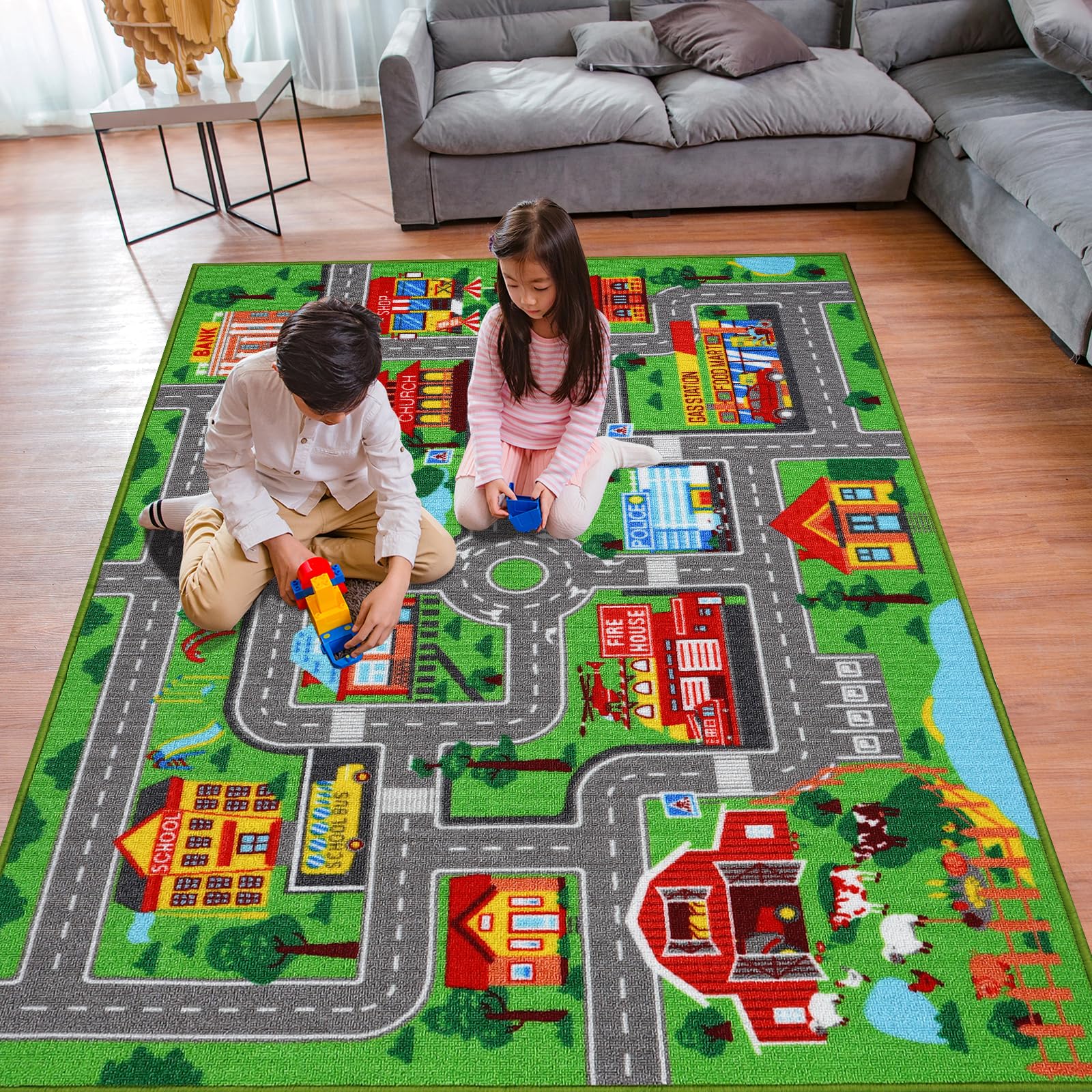 AKASISRUG front view showing town map layout and playful roads benefit imaginative play