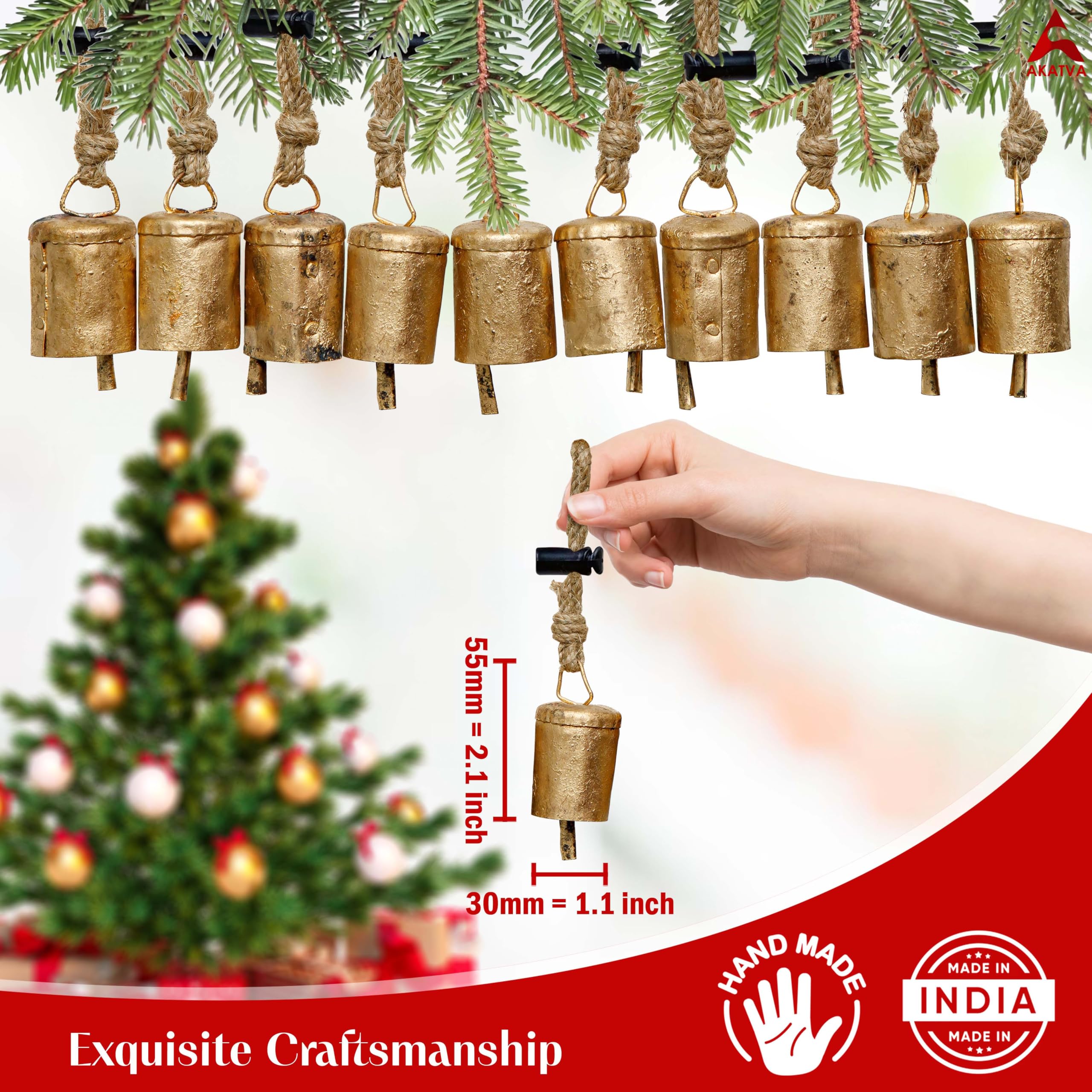 AKATVA bells hanging on Christmas tree adding rustic sparkle and gentle jingle