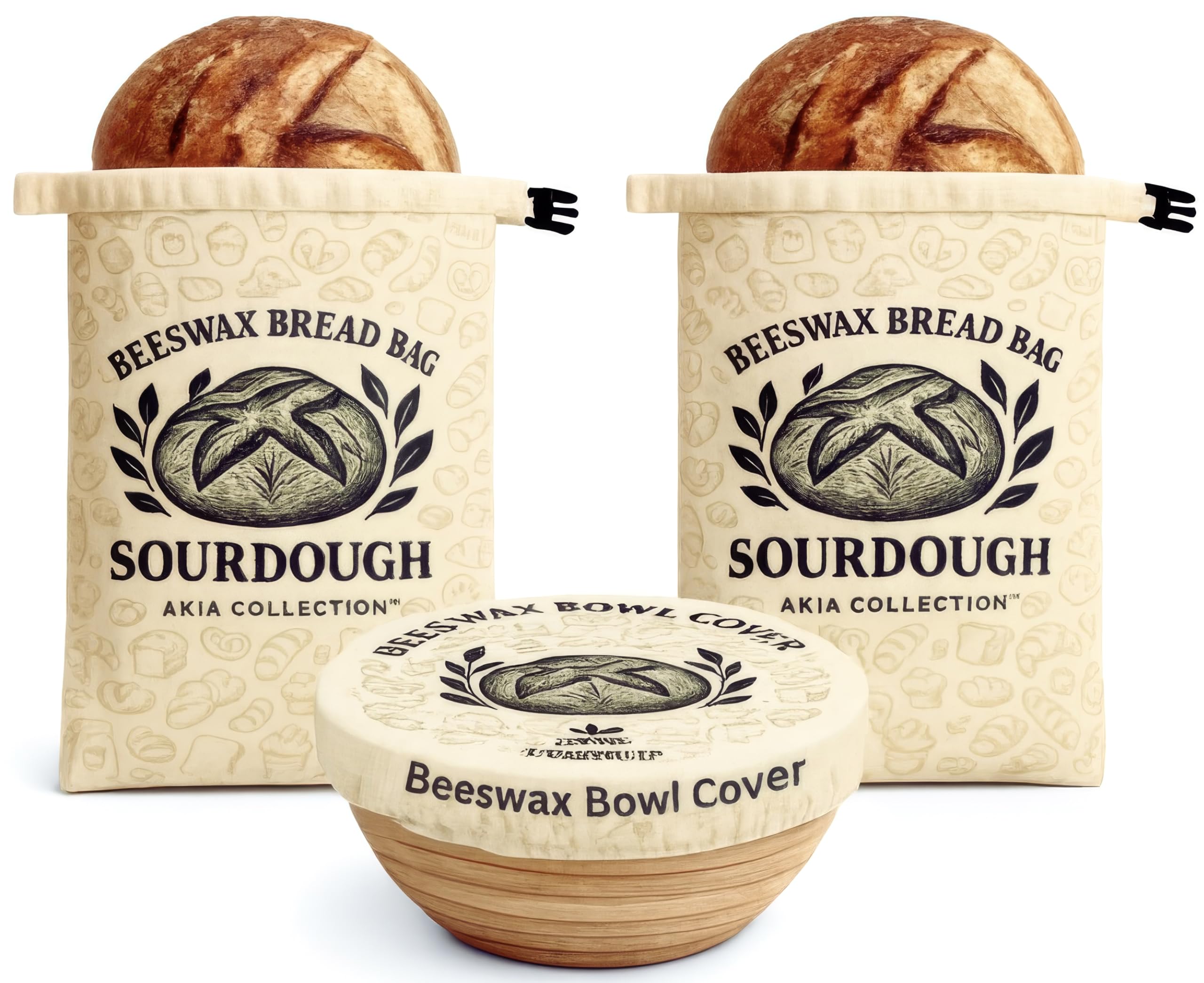Akia Collection front packaging showing two XL beeswax bread bags and bowl cover, sustainable storage benefit