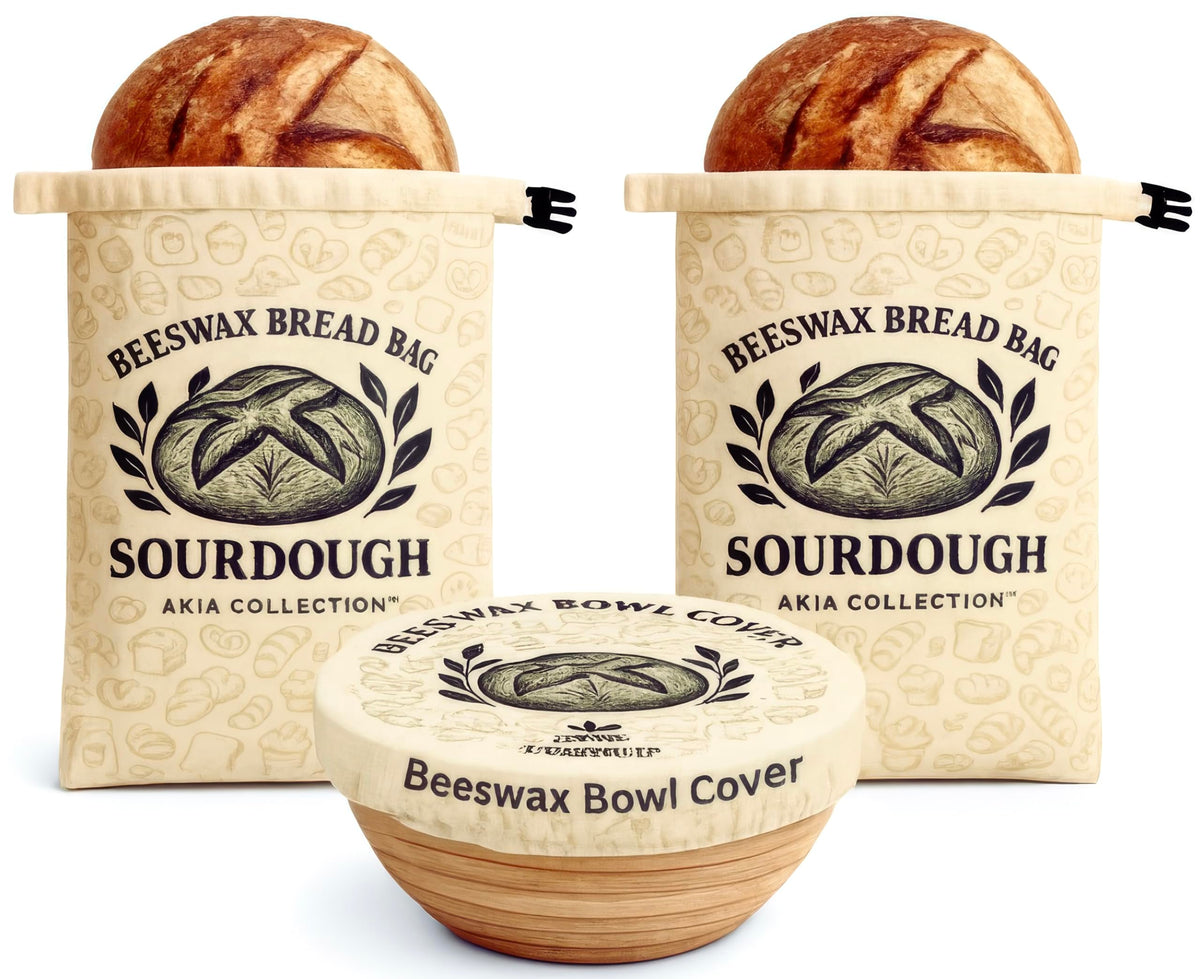 Akia Collection front packaging showing two XL beeswax bread bags and bowl cover, sustainable storage benefit