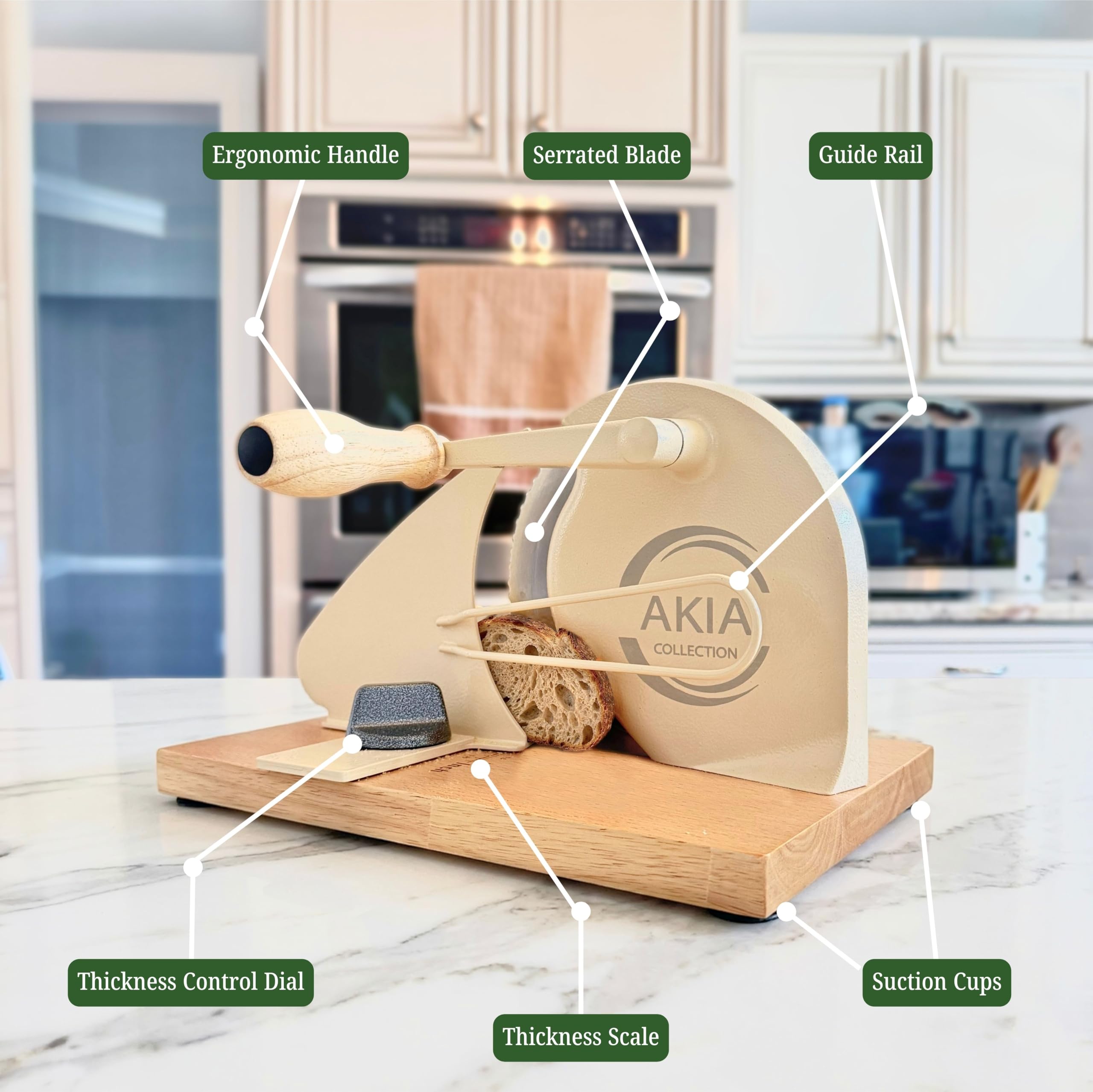 Akia Collection hand crank in use slicing loaf for quiet controlled operation