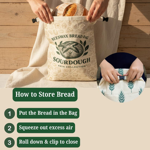 Akia Collection in kitchen lifestyle with bread and bags, highlights eco-friendly zero-waste appeal