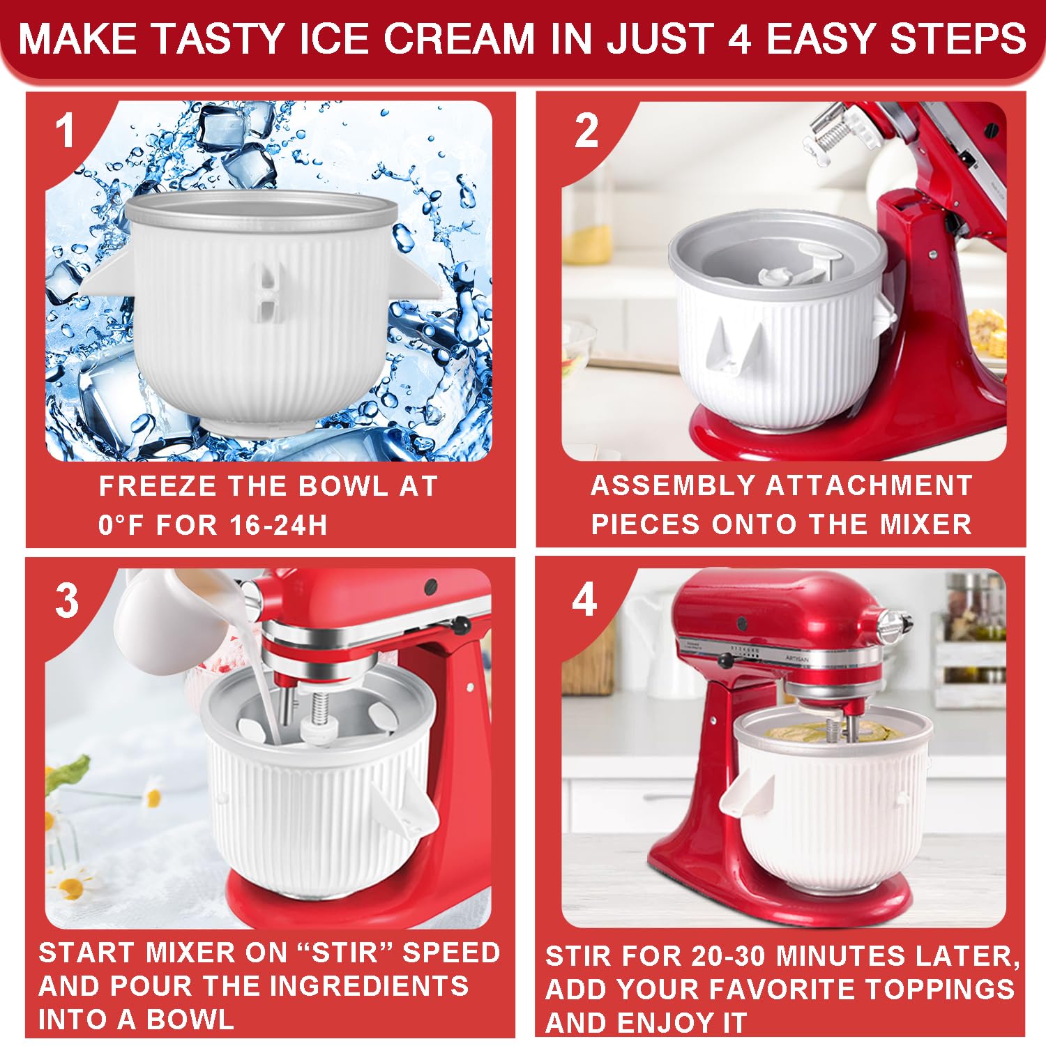 Akiosk attachment mounted on a KitchenAid mixer showing easy install benefit
