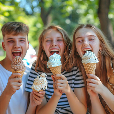 Akiosk family serving ice cream in kitchen showing homemade dessert enjoyment benefit
