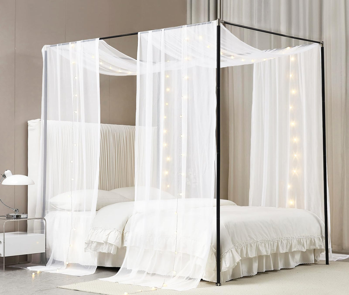 Akiky front view of two-panel canopy set showing sheer white drape and included LED