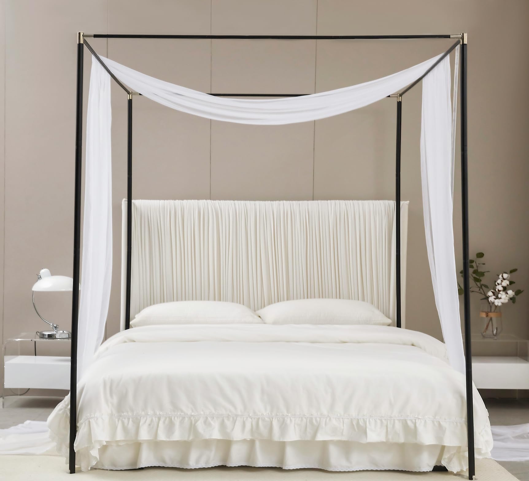 Akiky canopy hung on metal bed frame demonstrating easy drape and decorative effect
