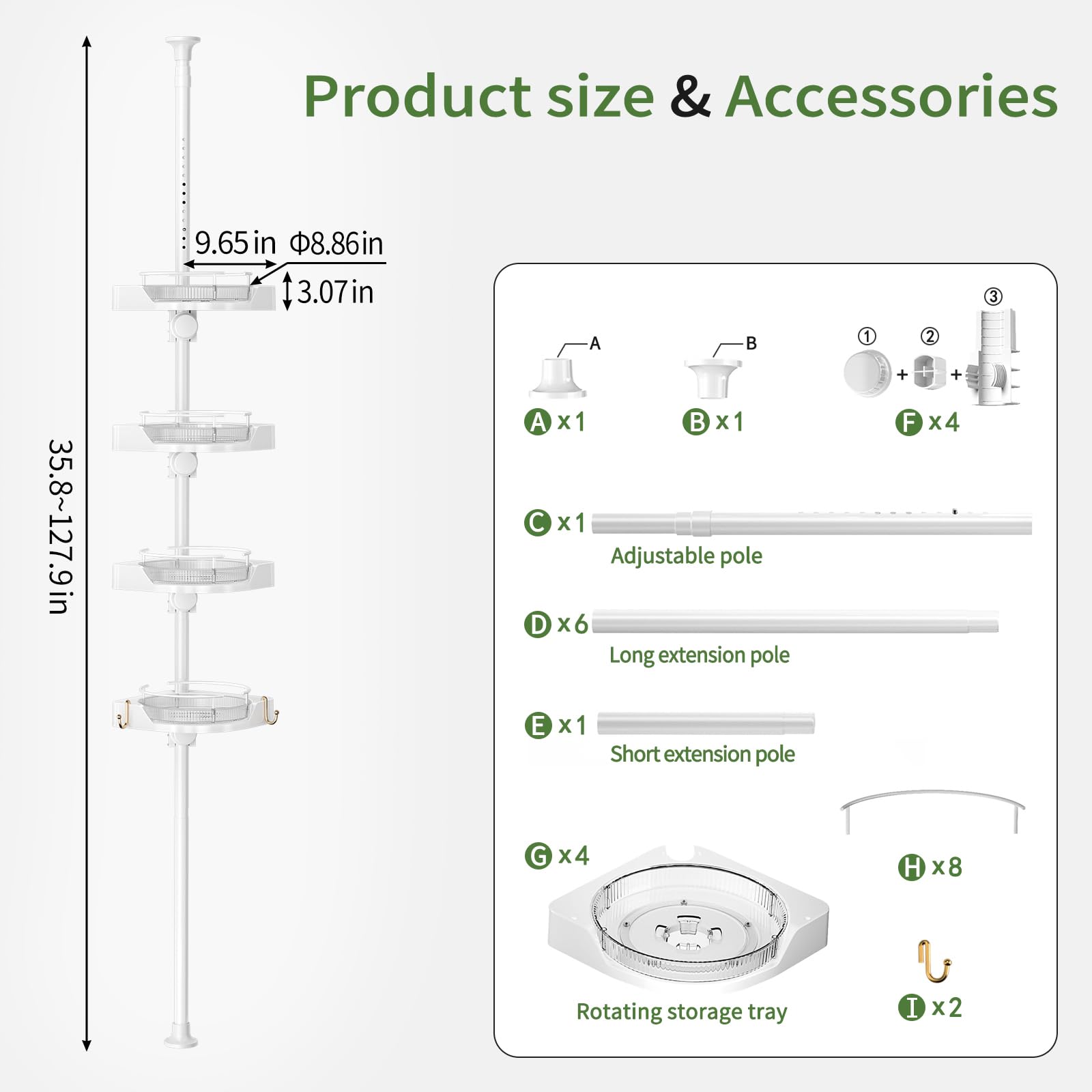 akinbas adjustable pole demonstrating fit from 35 to 128 inches