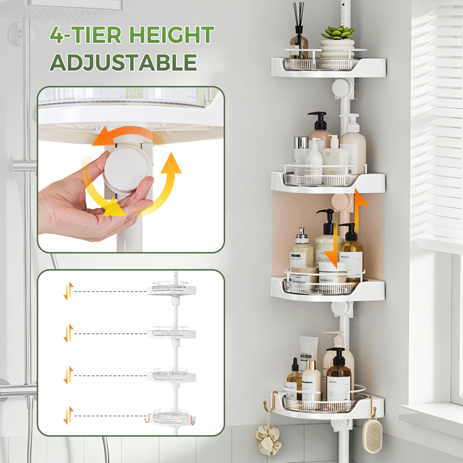akinbas four-tier corner caddy installed in shower for space-saving