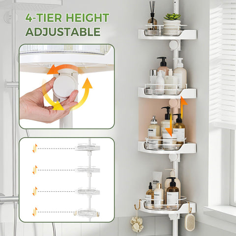 akinbas four-tier corner caddy installed in shower for space-saving