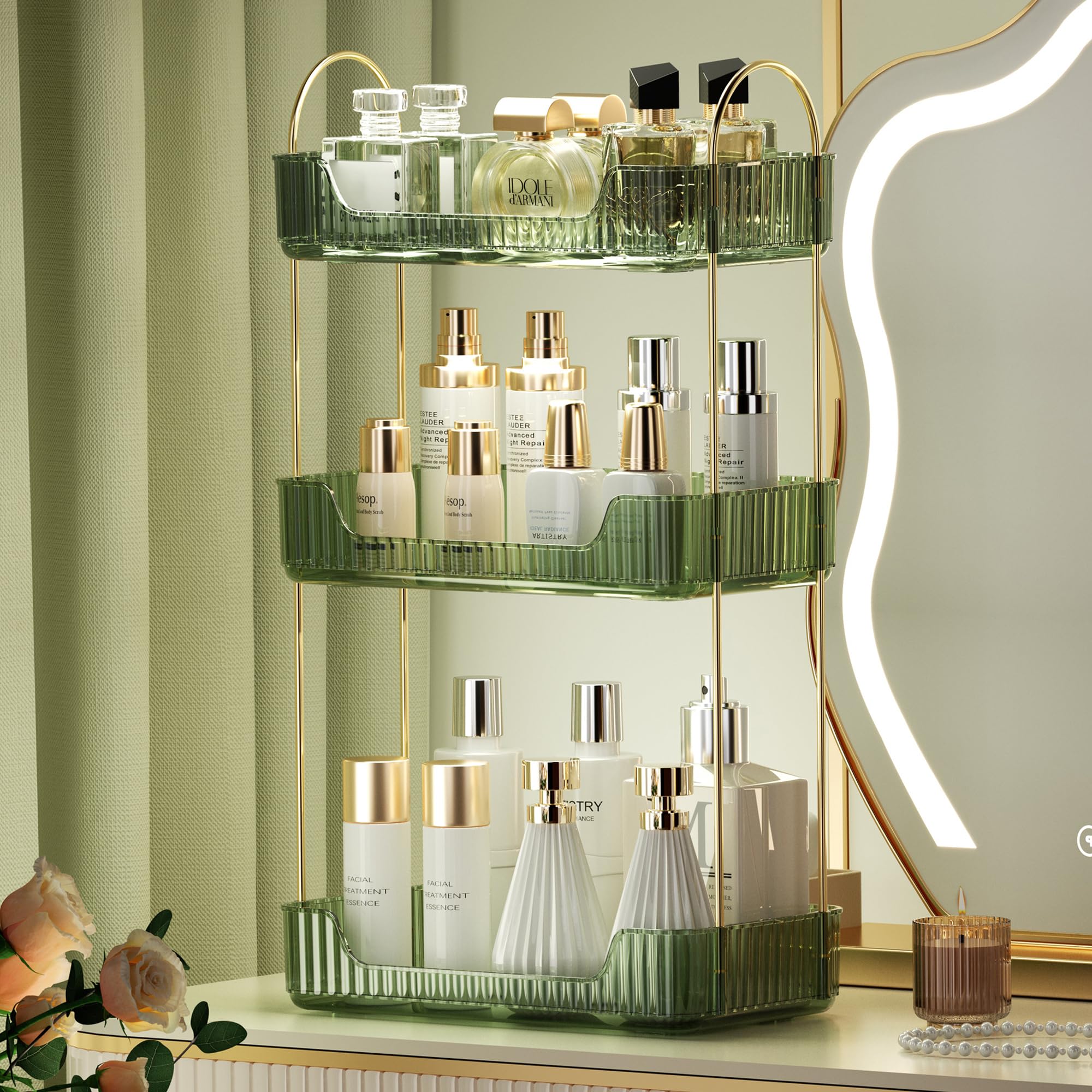akinbas styled on bathroom vanity to create neat, decorative organization benefit