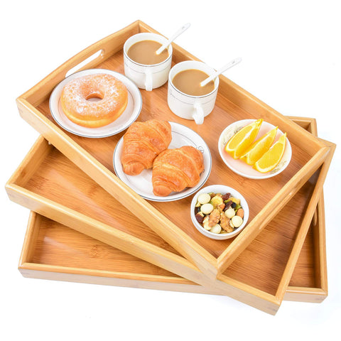 AKKAJJ front view of three beige bamboo serving trays showing clean design and versatility