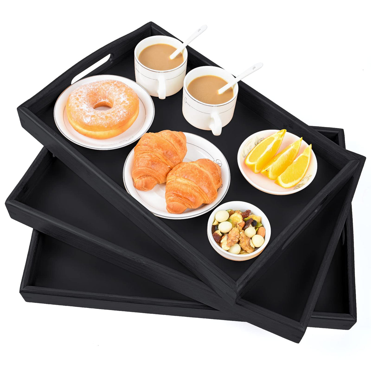 AKKAJJ bamboo tray front view showing sleek black finish and sturdy design benefits