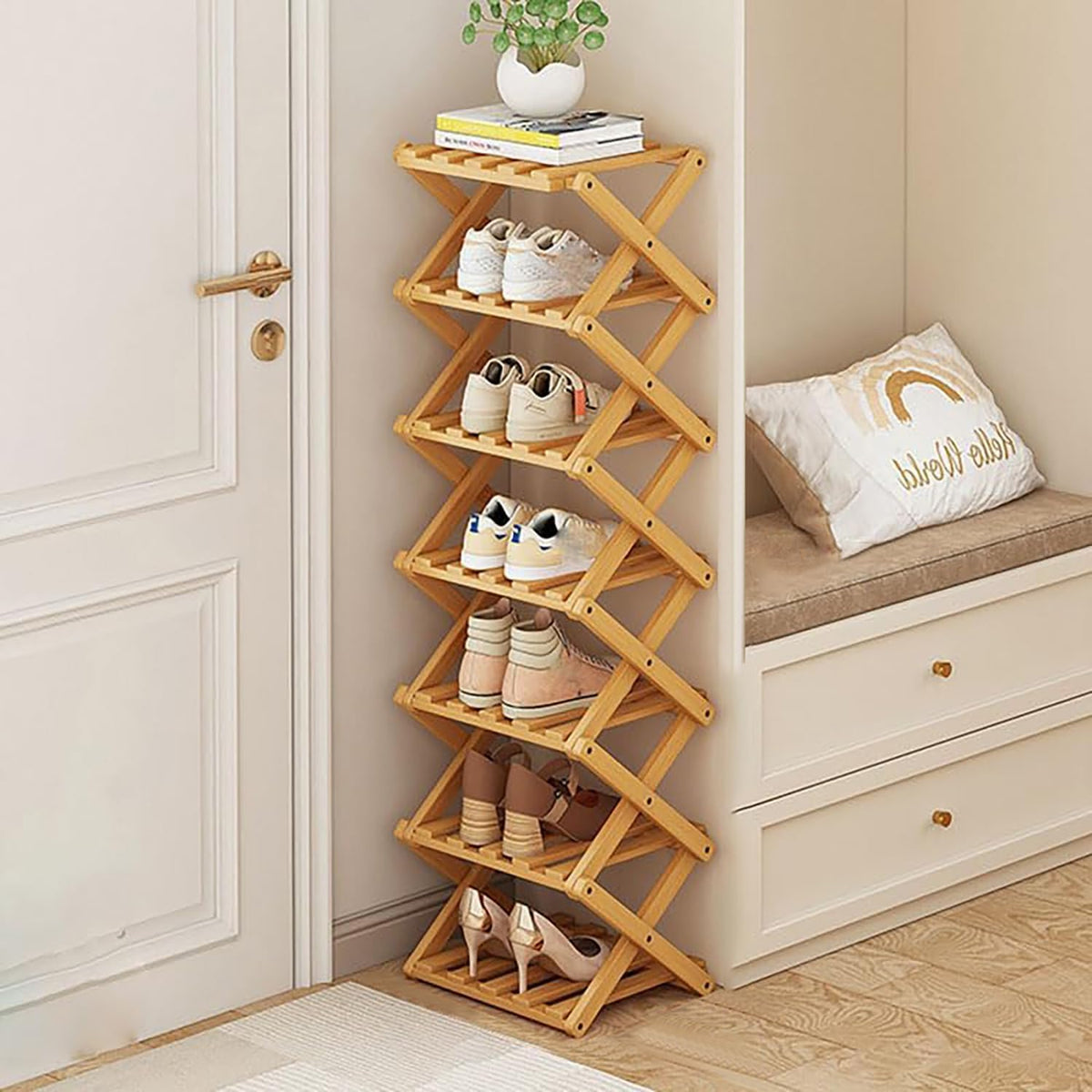 Akloya front view of 7-tier bamboo rack showing compact vertical storage benefit
