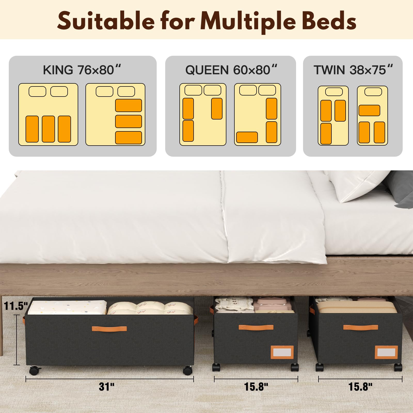 AKODENORA size comparison with shoes and pillows showing capacity