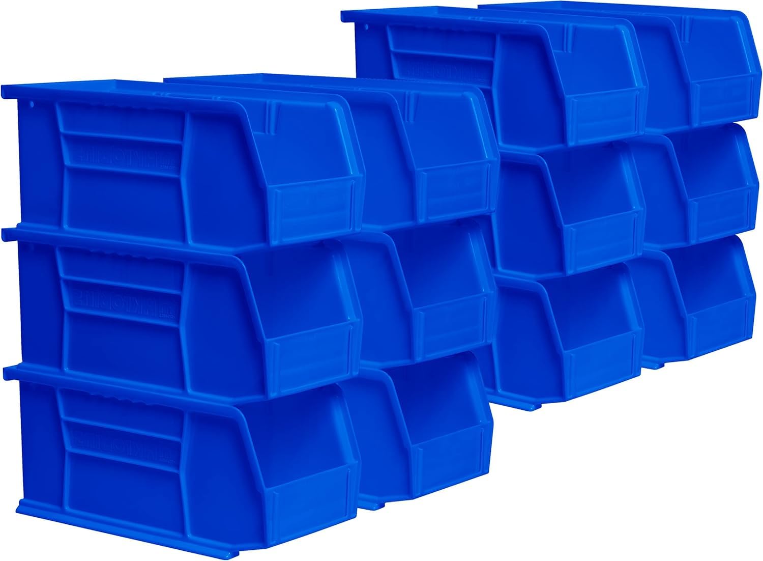 Akro-Mils AkroBins front view showing full 12-pack for organized storage