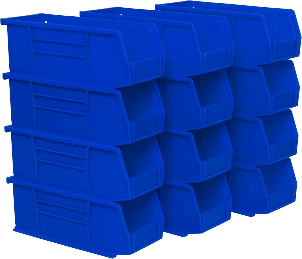 Akro-Mils blue bin front view showing open hopper and quick access benefit
