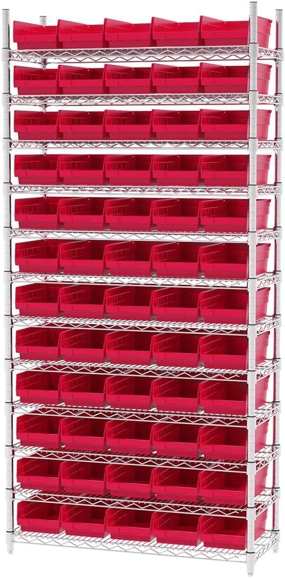 Akro-Mils bin loaded on a garage shelf demonstrating sturdy tool storage