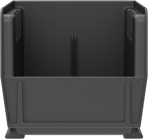 Akro-Mils bins on classroom shelf organizing supplies with visibility benefit