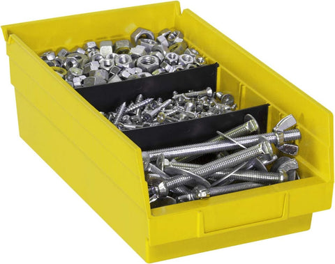 Akro-Mils bins installed on garage shelf illustrating quick parts access