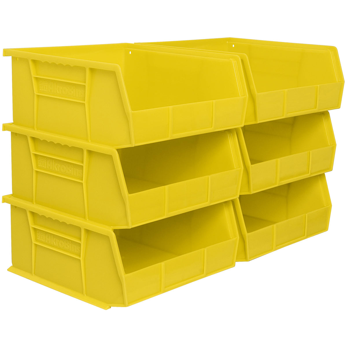 Akro-Mils front view of six-pack yellow bins showing compact organization benefit