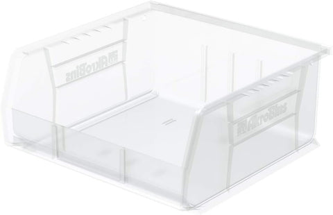 Akro-Mils front view of clear 11x11x5 bin showing contents and quick access benefit