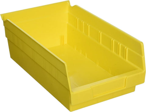 Akro-Mils front view of 12-pack yellow shelf bins showing organized storage benefit
