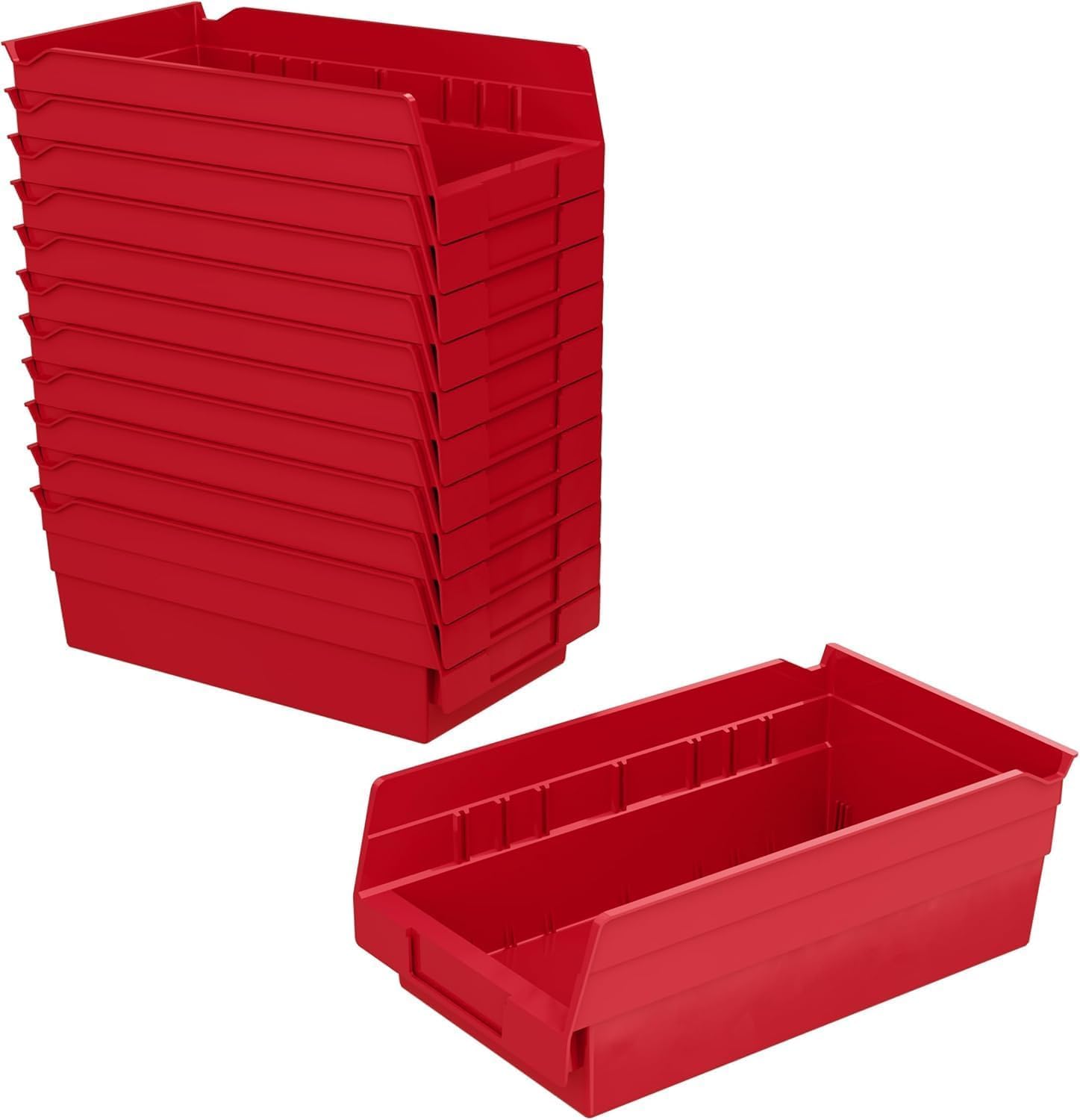 Akro-Mils front view of red shelf bins showing durable organization benefit