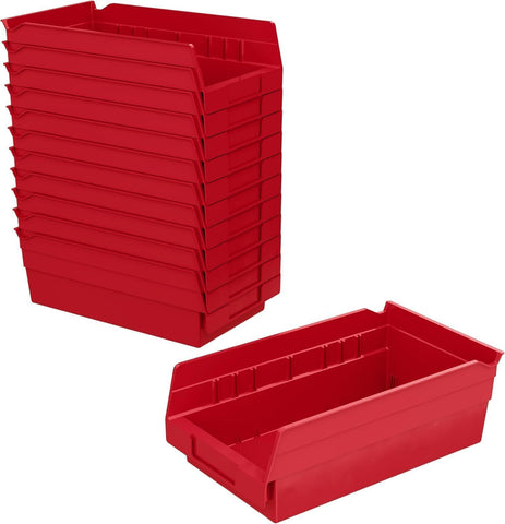 Akro-Mils front view of red shelf bins showing durable organization benefit