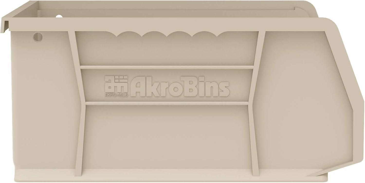 Akro-Mils wall-mounted bins in garage maximizing vertical storage benefit