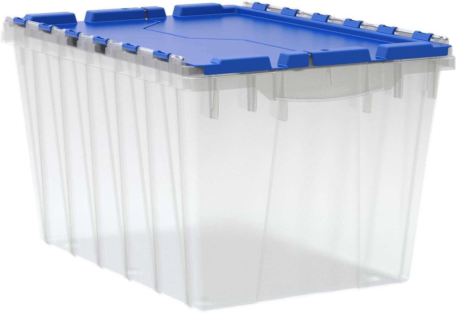 Akro-Mils front view of clear blue tote showing secure storage benefit