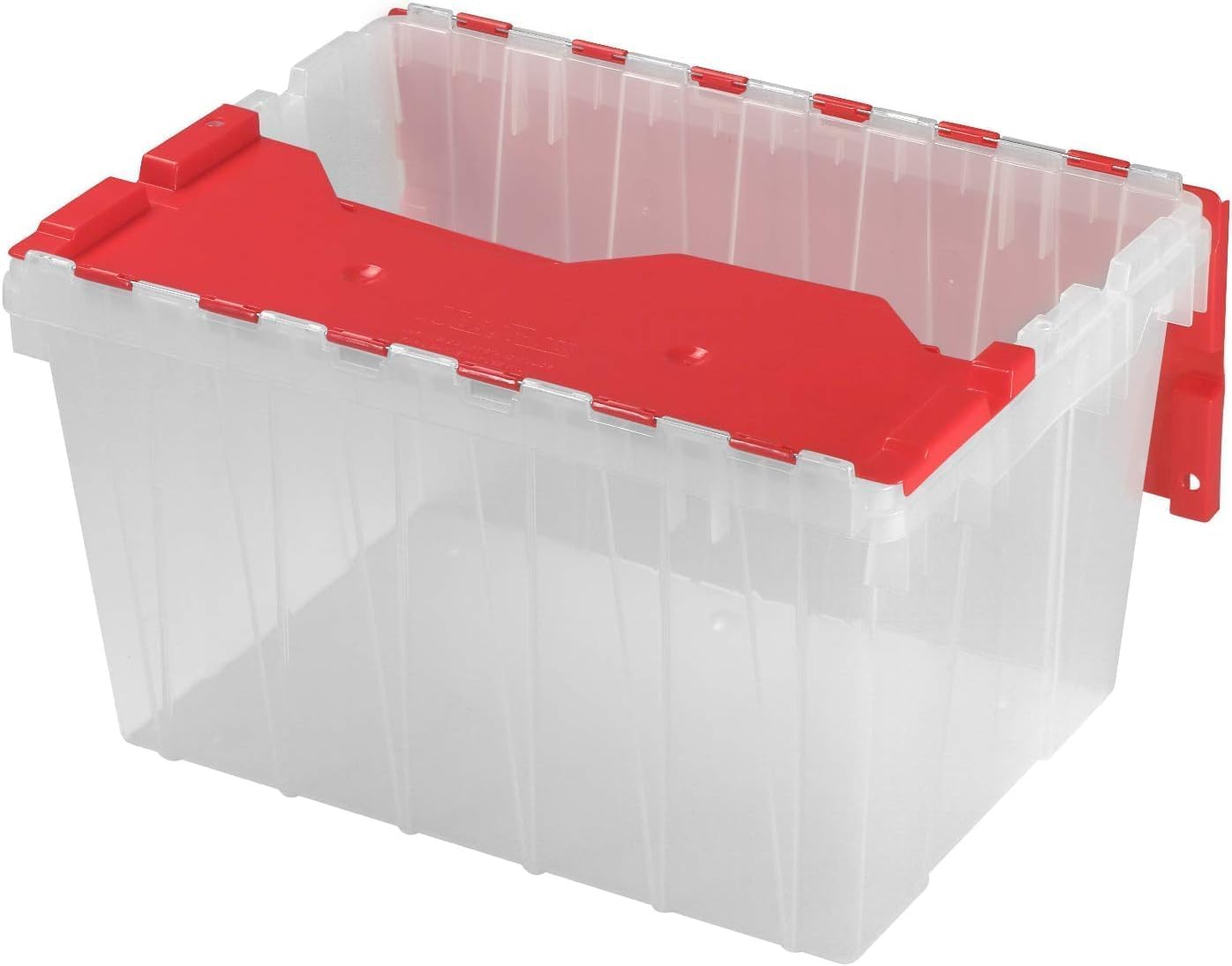 Akro-Mils front view of clear 12-gallon bin showing capacity and sturdy build