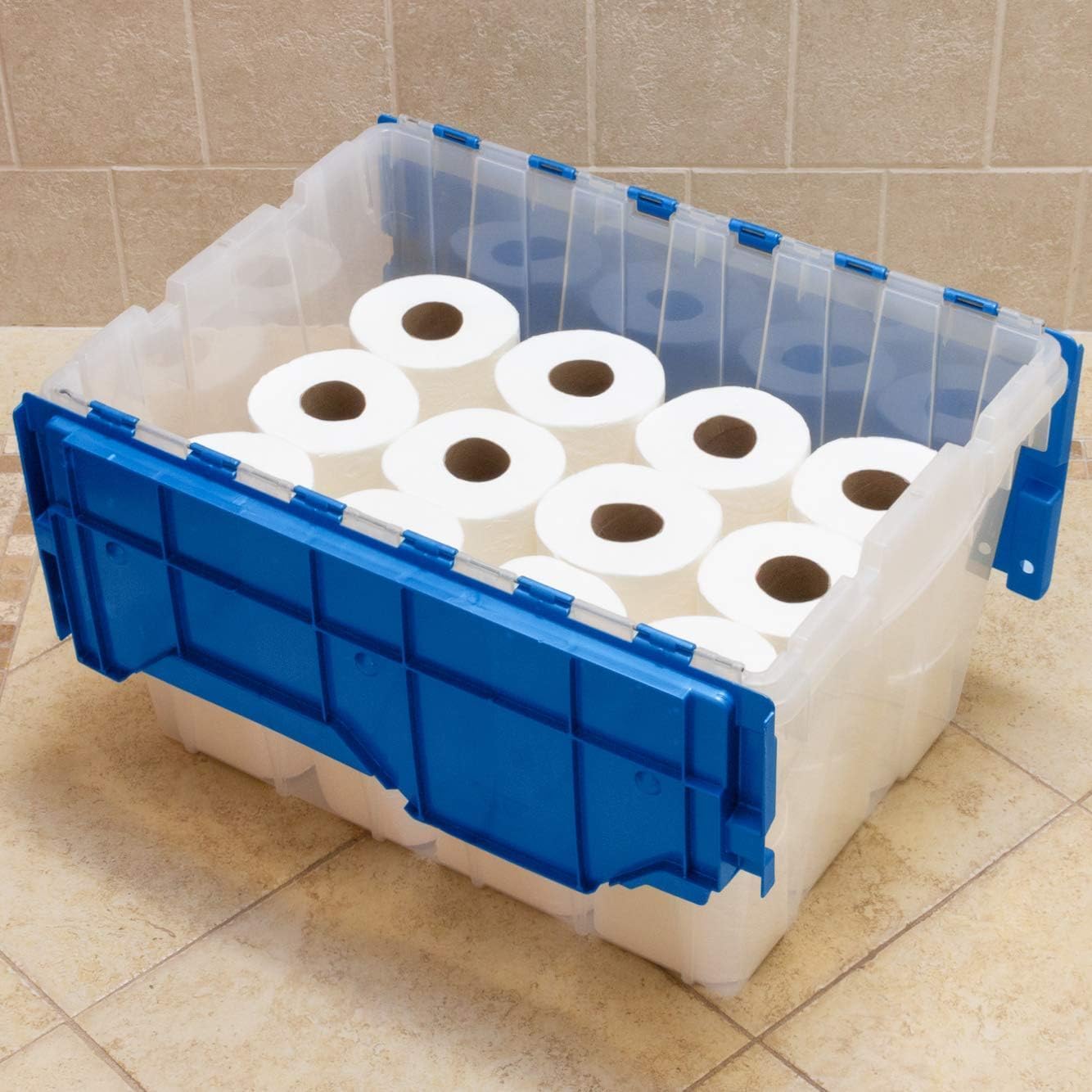 Akro-Mils nested bins with open lids saving shelf space