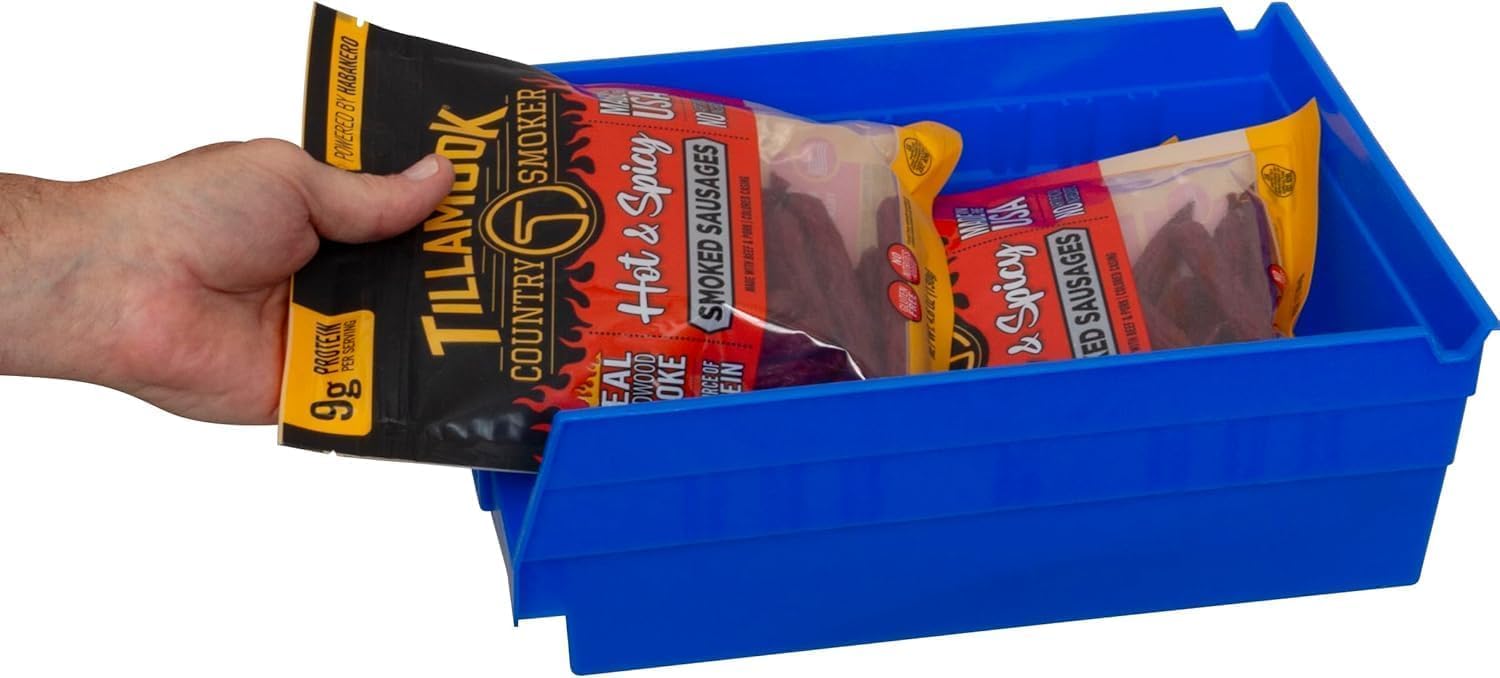 Akro-Mils nested storage showing space-saving stacking when bins are empty