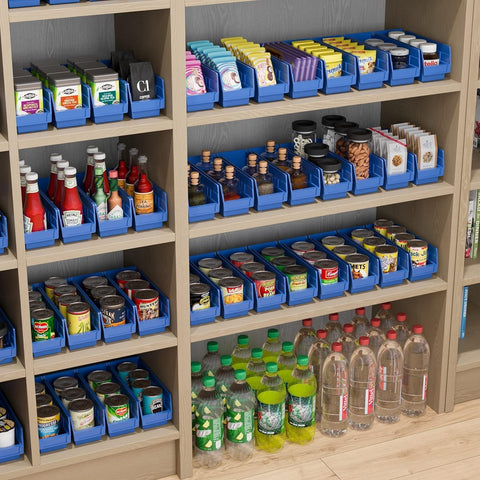 Akro-Mils bin placed on a 12-inch shelf proving compatible fit