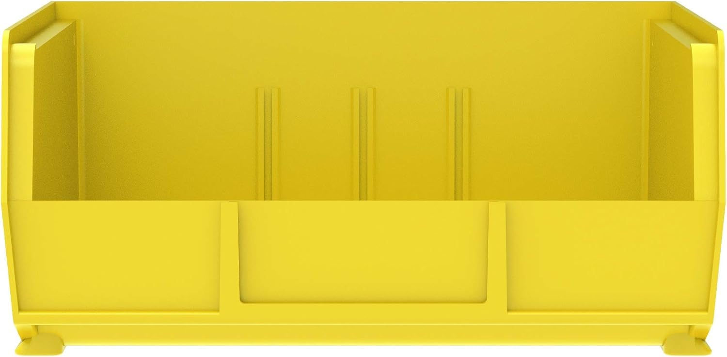 Akro-Mils yellow bin in a garage under cover illustrating weather-resistant use