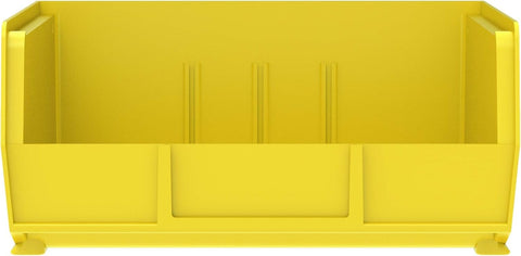 Akro-Mils yellow bin in a garage under cover illustrating weather-resistant use
