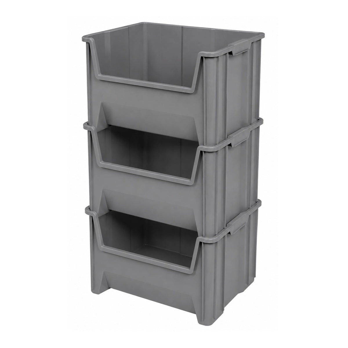 Akro-Mils front view of three grey bins showing stackability and organization benefit
