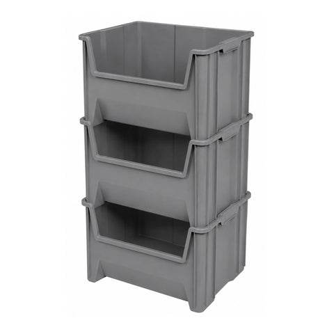 Akro-Mils front view of three grey bins showing stackability and organization benefit