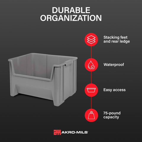 Akro-Mils stacked bins on metal shelf demonstrating stable vertical storage benefit