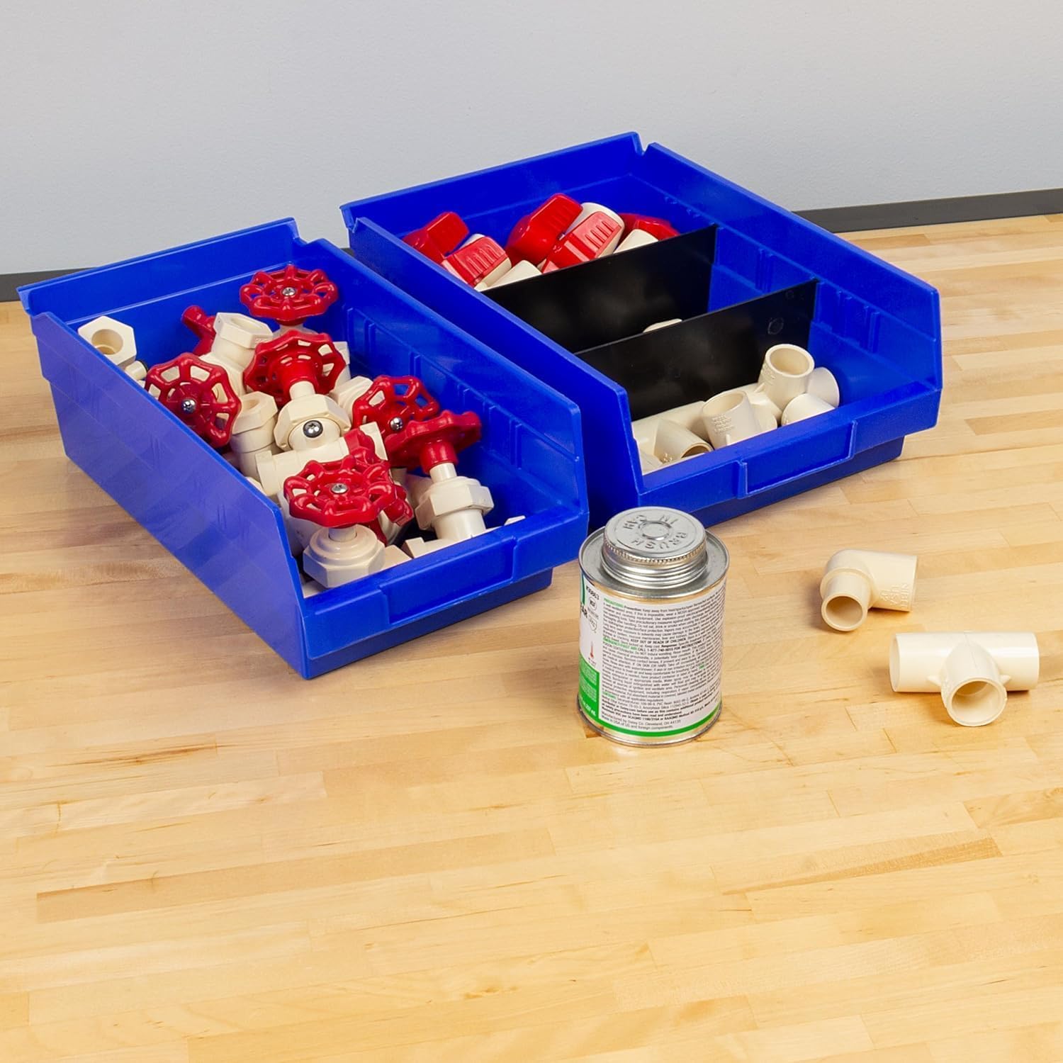 Akro-Mils under-sink setup showing water-resistant bins for cabinet storage